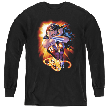 Black youth long sleeve t-shirt with Wonder Woman Wonder Rays graphic