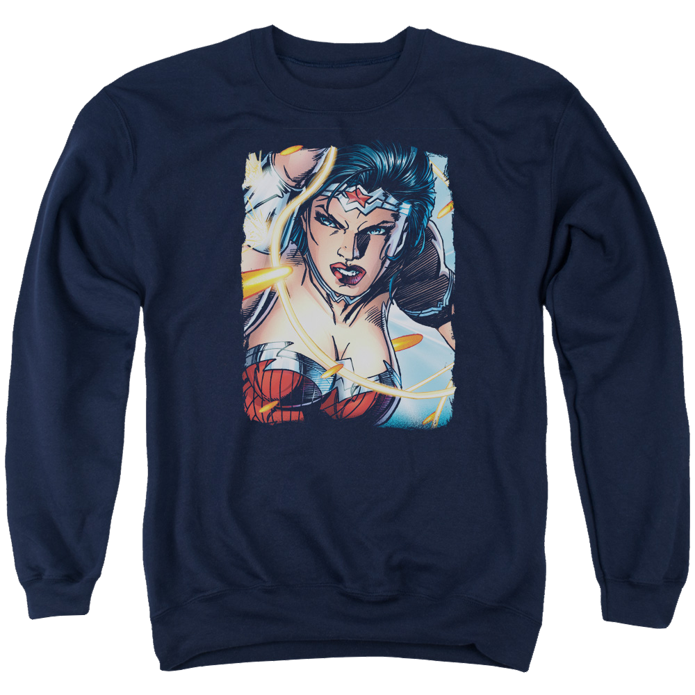 Justice League Scowl Men's Crewneck Sweatshirt Men's Crewneck Sweatshirt Wonder Woman   