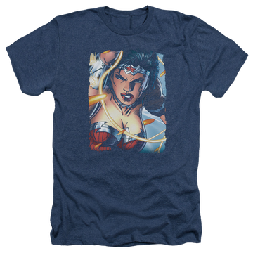 Navy men's heather t-shirt with Wonder Woman Justice League Scowl graphic