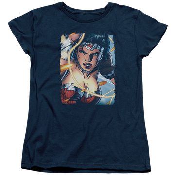 Navy women's t-shirt with Wonder Woman Justice League Scowl graphic