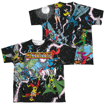 Justice League Crisis Variant youth all-over print t-shirt for ages 8 to 12