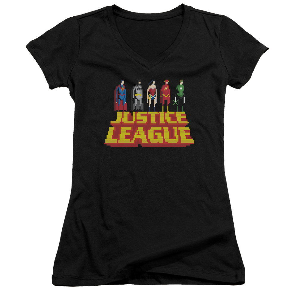 Justice League Standing Above Juniors V-Neck T-Shirt Juniors V-Neck T-Shirt Justice League   