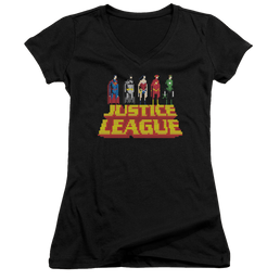 Justice League Standing Above Juniors V-Neck T-Shirt Juniors V-Neck T-Shirt Justice League   