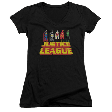 Black juniors v-neck t-shirt with Justice League Standing Above graphic