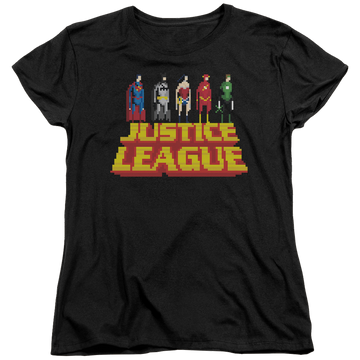 Black women's t-shirt with Justice League Standing Above graphic