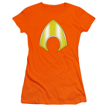Orange juniors t-shirt with Aquaman Logo graphic