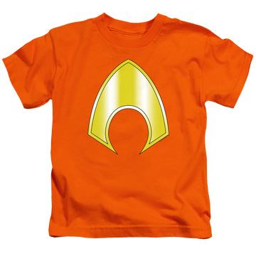 Orange kid's t-shirt for ages 4 to 7 with Aquaman Logo graphic