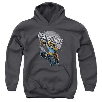Charcoal youth hoodie for ages 8 to 12 with Deathstroke Retro graphic