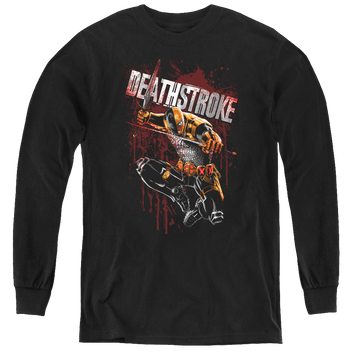 Black youth long sleeve t-shirt with Deathstroke Blood Splattered graphic