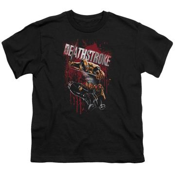 Black youth t-shirt for ages 8 to 12 with Deathstroke Blood Splattered graphic