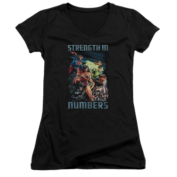 Black juniors v-neck t-shirt with Justice League Strength In Number graphic