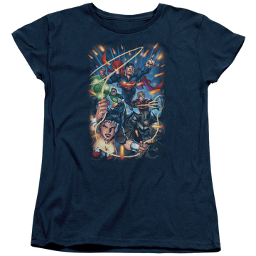 Navy women's t-shirt with Justice League Under Attack graphic
