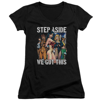 Black juniors v-neck t-shirt with Justice League Heroines graphic