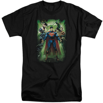 Black men's tall fit t-shirt with Justice League Power Burst graphic