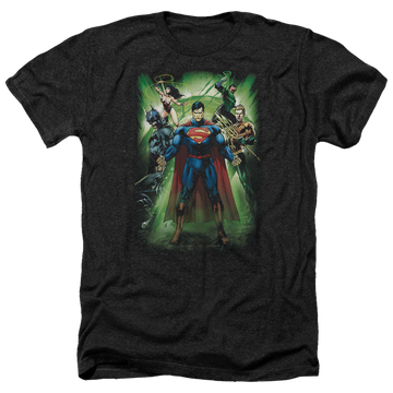 Charcoal men's heather t-shirt with Justice League Power Burst graphic