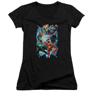 Black juniors v-neck t-shirt with Justice League Electric Team graphic