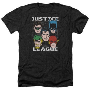 Charcoal men's heather t-shirt with Justice League Head Of States graphic