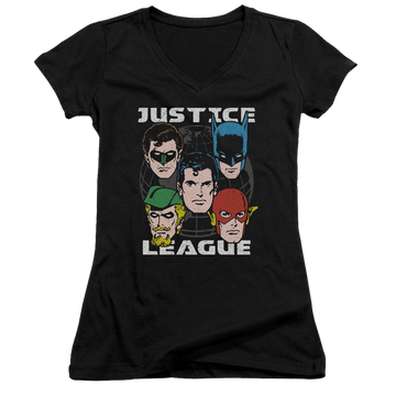 Black juniors v-neck t-shirt with Justice League Head Of States graphic