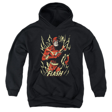 Black youth hoodie for ages 8 to 12 with Flash Flare graphic