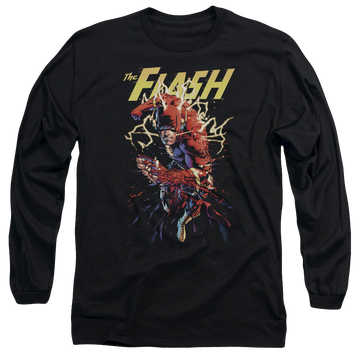 Black men's long sleeve t-shirt with The Flash Ripping Apart graphic