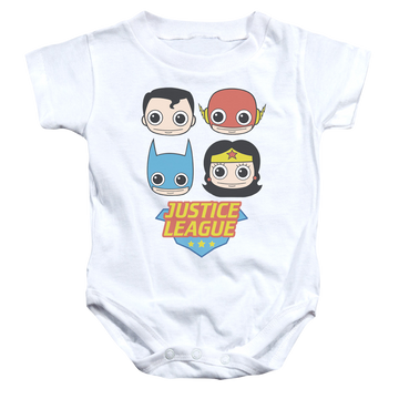 White baby bodysuit with Justice League Lil League graphic