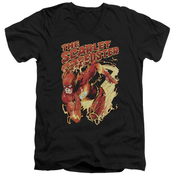 Black men's v-neck t-shirt with The Flash Scarlet Speedster graphic