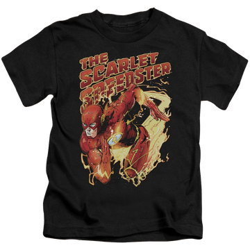 Black kid's t-shirt for ages 4 to 7 with The Flash Scarlet Speedster graphic