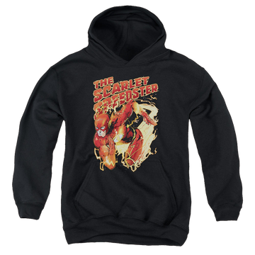Black youth hoodie for ages 8 to 12 with The Flash Scarlet Speedster graphic