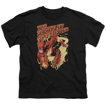 Black youth t-shirt for ages 8 to 12 with The Flash Scarlet Speedster graphic