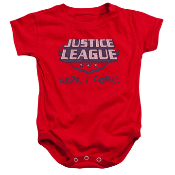 Red baby bodysuit with Justice League Here I Come graphic