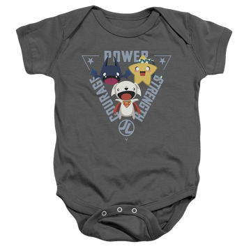 Charcoal baby bodysuit with Justice League Power Trio graphic