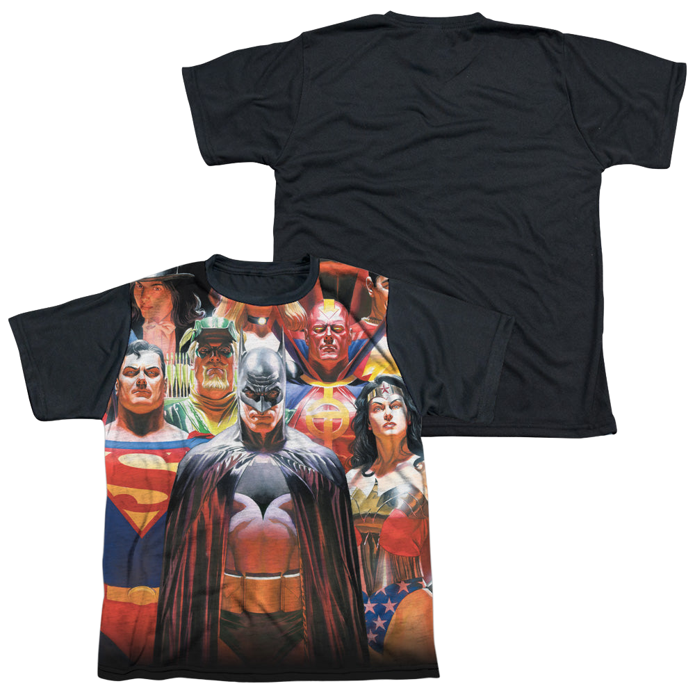 Justice League Wall Of Heroes - Youth Black Back T-Shirt Youth Black Back T-Shirt (Ages 8-12) Justice League   