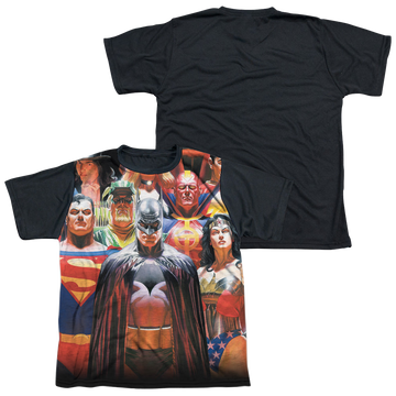 Justice League Wall Of Heroes youth black back t-shirt for ages 8 to 12
