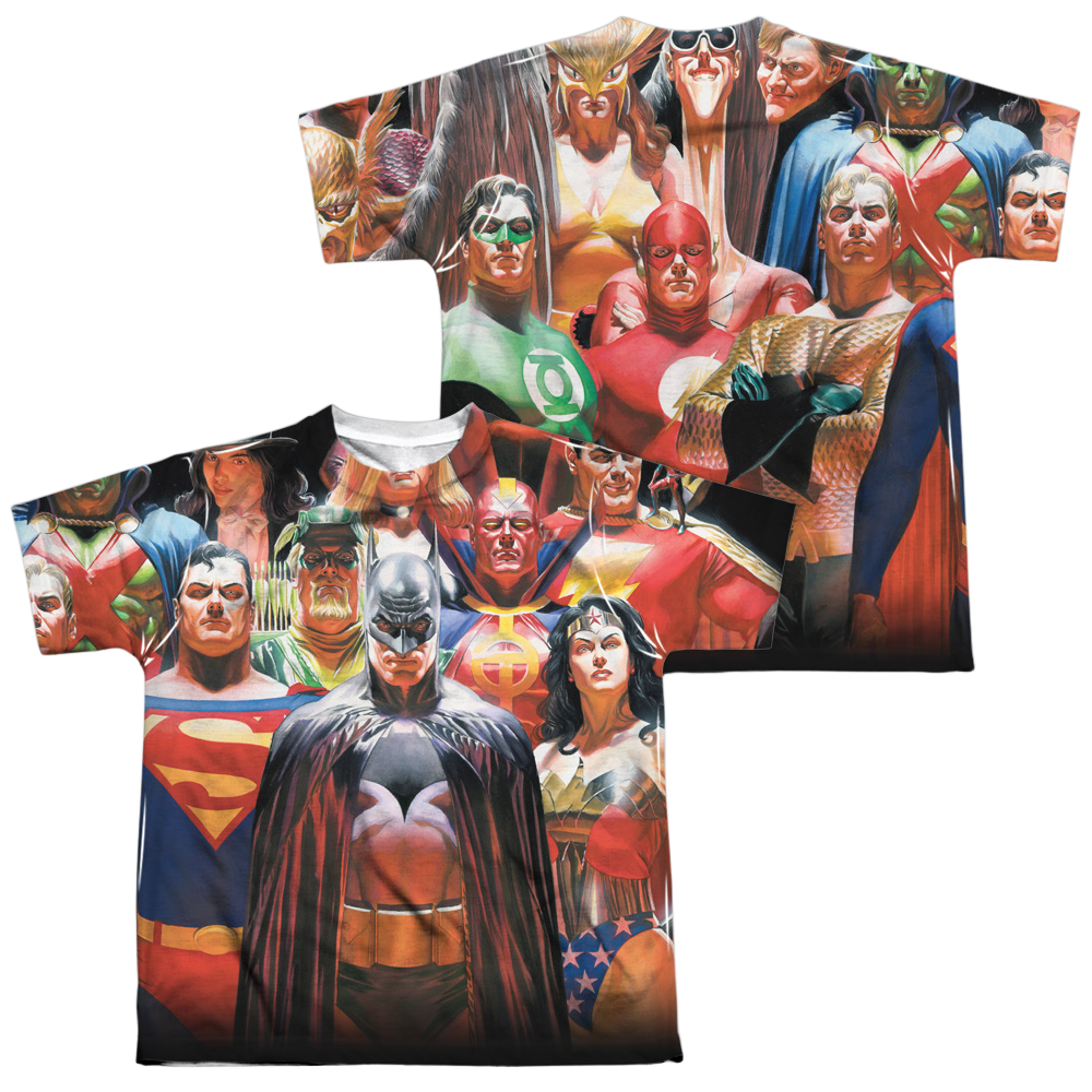 Justice League Wall Of Heroes (Front/Back Print) - Youth All-Over Print T-Shirt Youth All-Over Print T-Shirt (Ages 8-12) Justice League   