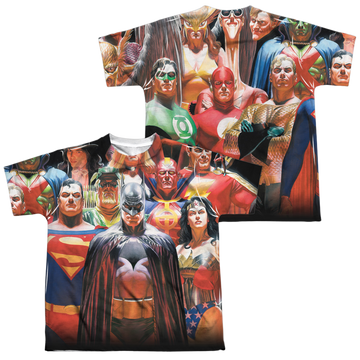 Justice League Wall Of Heroes youth all-over print t-shirt for ages 8 to 12