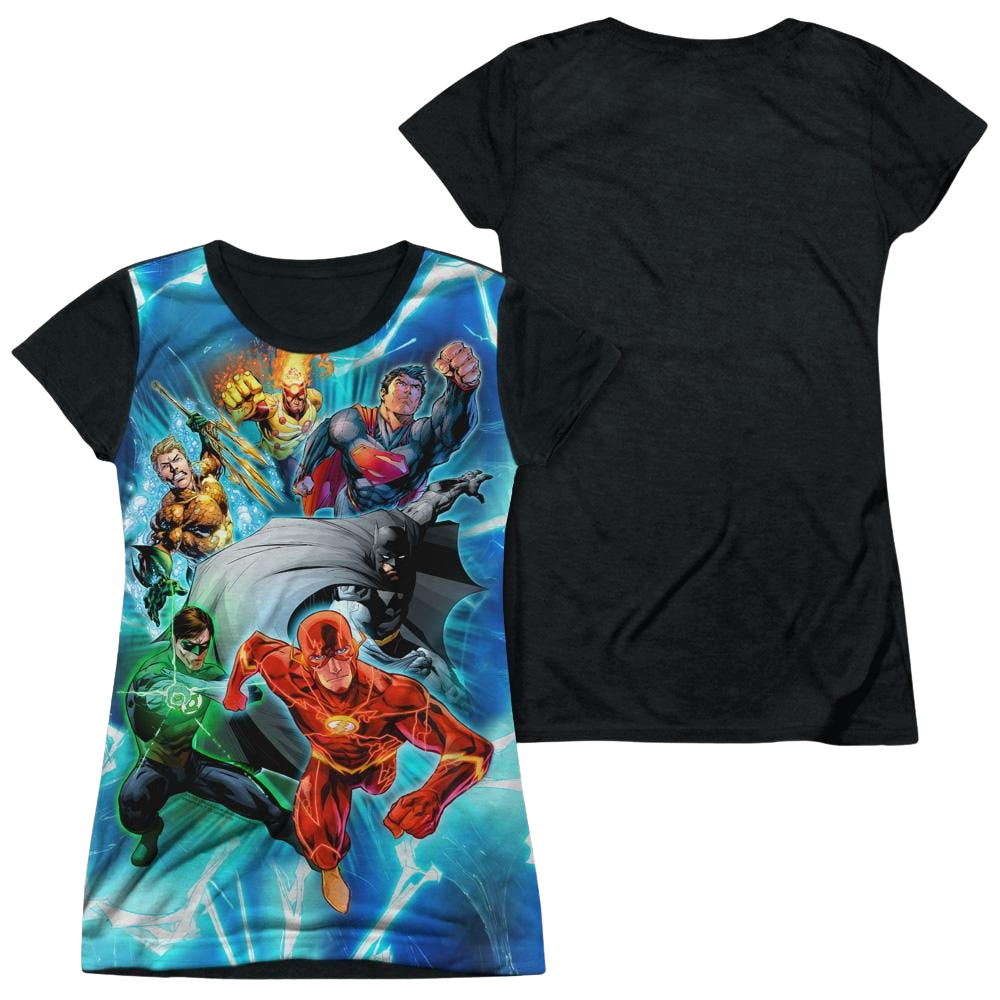 Justice League Lightning Team Juniors Black Back T-Shirt Juniors Black Back T-Shirt Justice League   