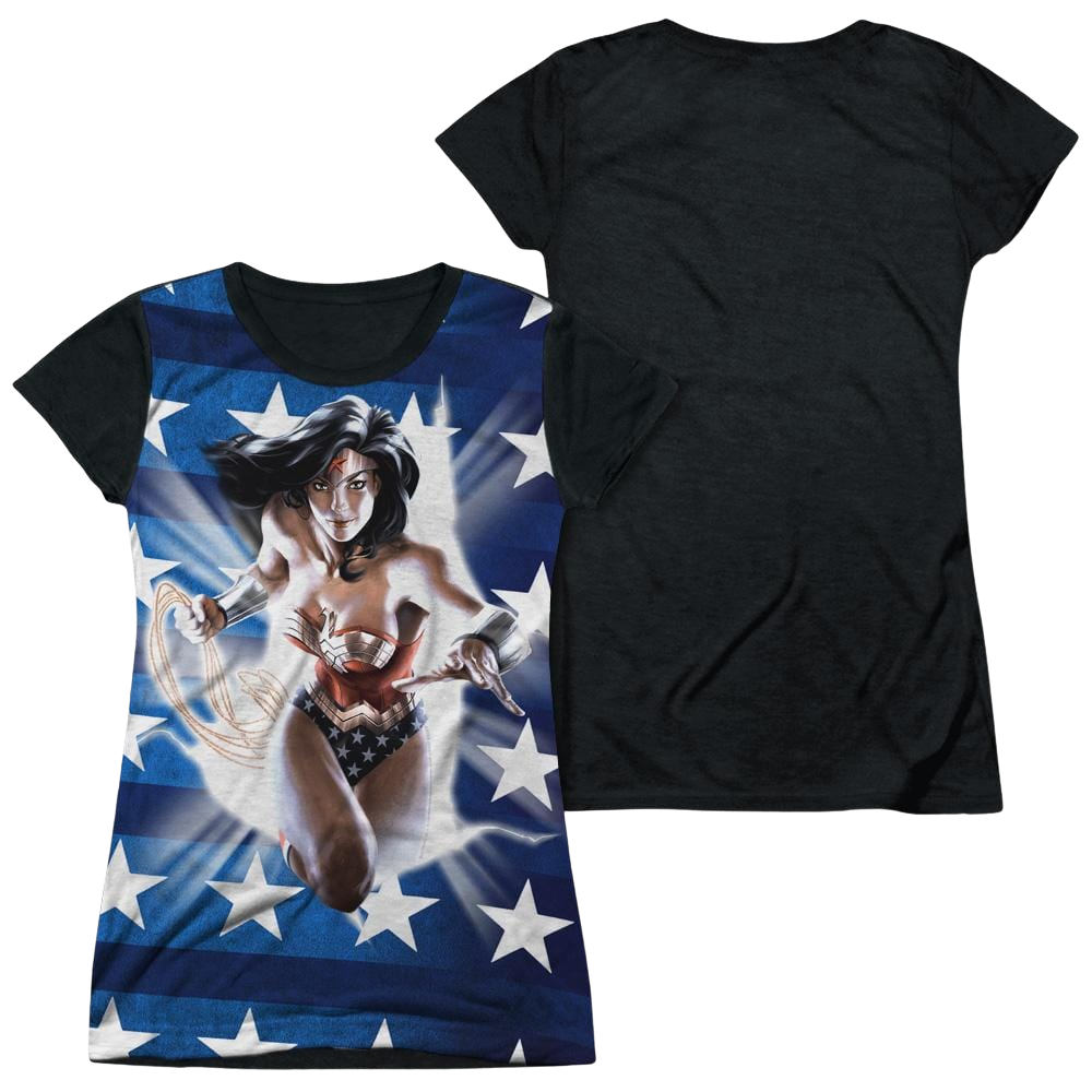 Justice League Ripped Flag Juniors Black Back T-Shirt Juniors Black Back T-Shirt Wonder Woman   