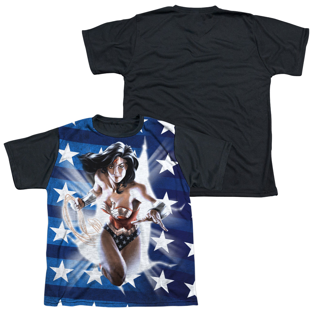 Wonder Woman Ripped Flag - Youth Black Back T-Shirt Youth Black Back T-Shirt (Ages 8-12) Wonder Woman   