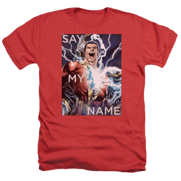 Red men's heather t-shirt with Shazam Justice League Say My Name graphic