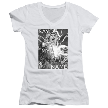 White juniors v-neck t-shirt with Shazam Justice League Say My Name graphic