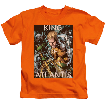 Orange kid's t-shirt for ages 4 to 7 with Aquaman King Of Atlantis graphic