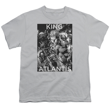 Silver youth t-shirt for ages 8 to 12 with Aquaman King Of Atlantis graphic
