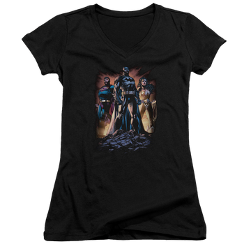 Black juniors v-neck t-shirt with Justice League Take A Stand graphic