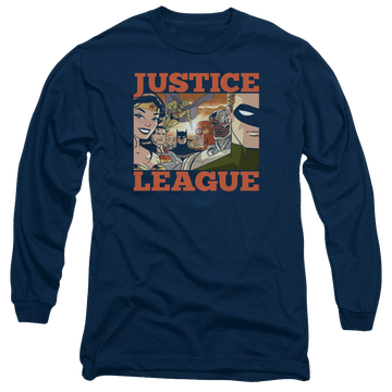 Navy men's long sleeve t-shirt with Justice League New Dawn Group graphic