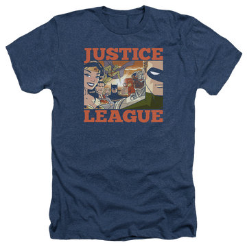 Navy men's heather t-shirt with Justice League New Dawn Group graphic