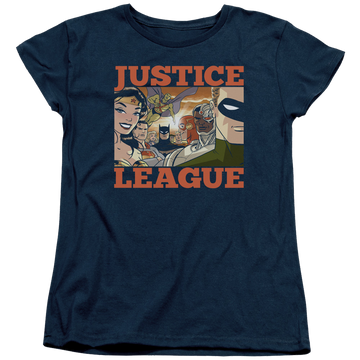 Navy women's t-shirt with Justice League New Dawn Group graphic