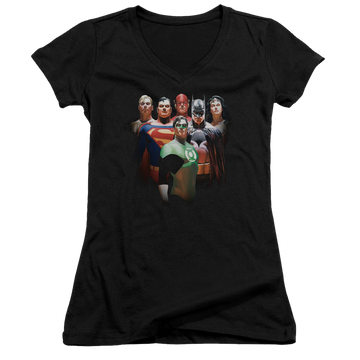 Black juniors v-neck t-shirt with Justice League Roll Call graphic