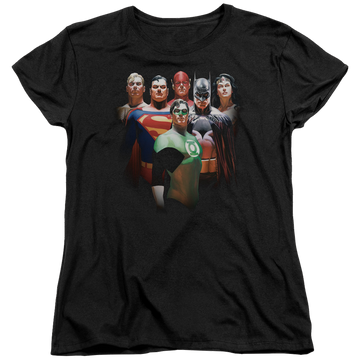 Black women's t-shirt with Justice League Roll Call graphic