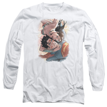 White men's long sleeve t-shirt with Justice League Love Birds graphic