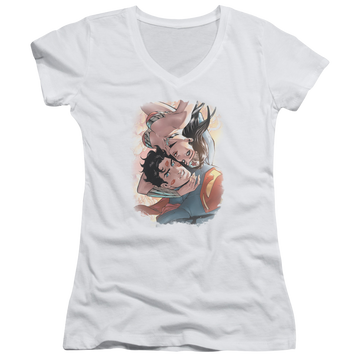 White juniors v-neck t-shirt with Justice League Love Birds graphic